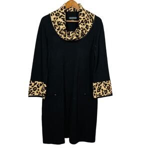 Jessica Howard Knit Shift Dress Cowl Neck Black Animal Accent - L